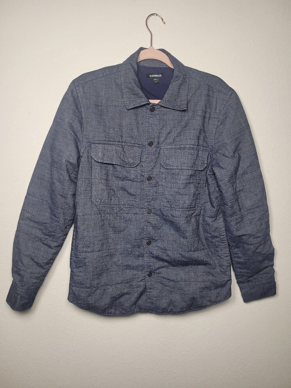 Express Men Quilted Blue Denim Chambray Light Outerwear Shirt Jacket Pockets XS